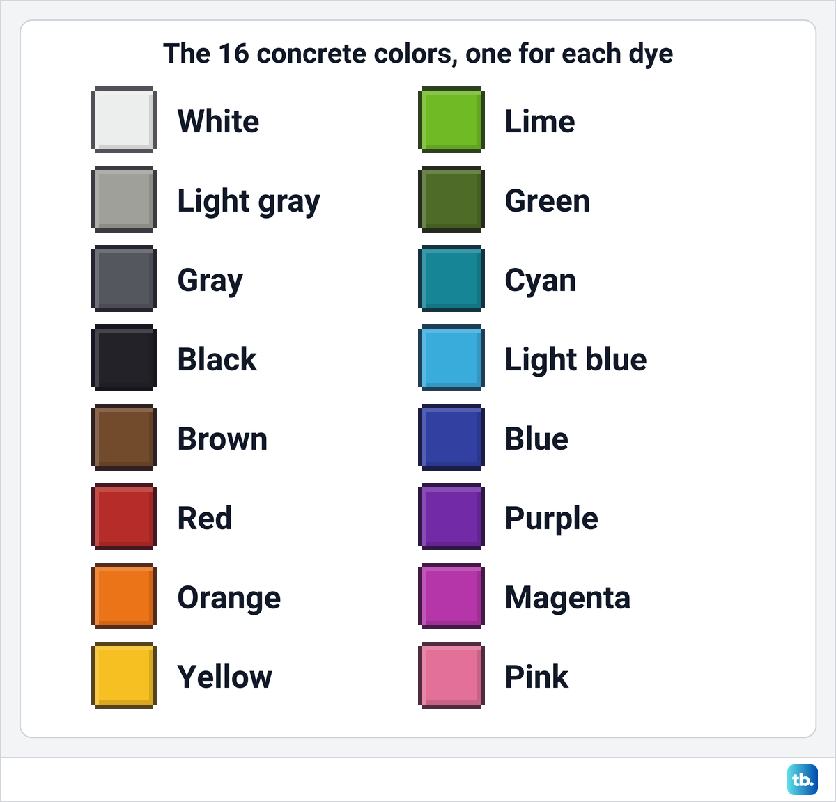 The sixteen concrete colors in two columns of eight, from white and light gray to magenta and pink.