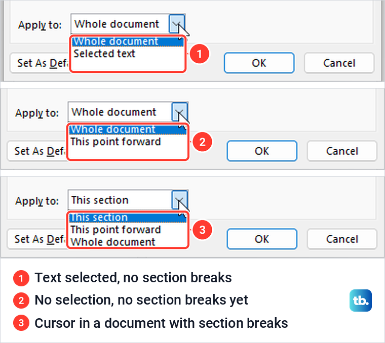 Three Word Apply to lists showing different choices for a selection, no sections and sections.