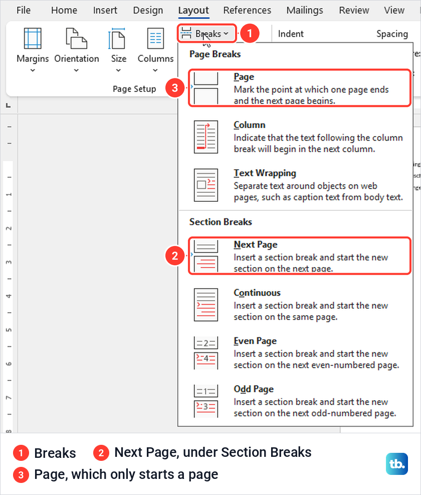 Word Layout Breaks menu showing Page Breaks and Section Breaks with Next Page marked.