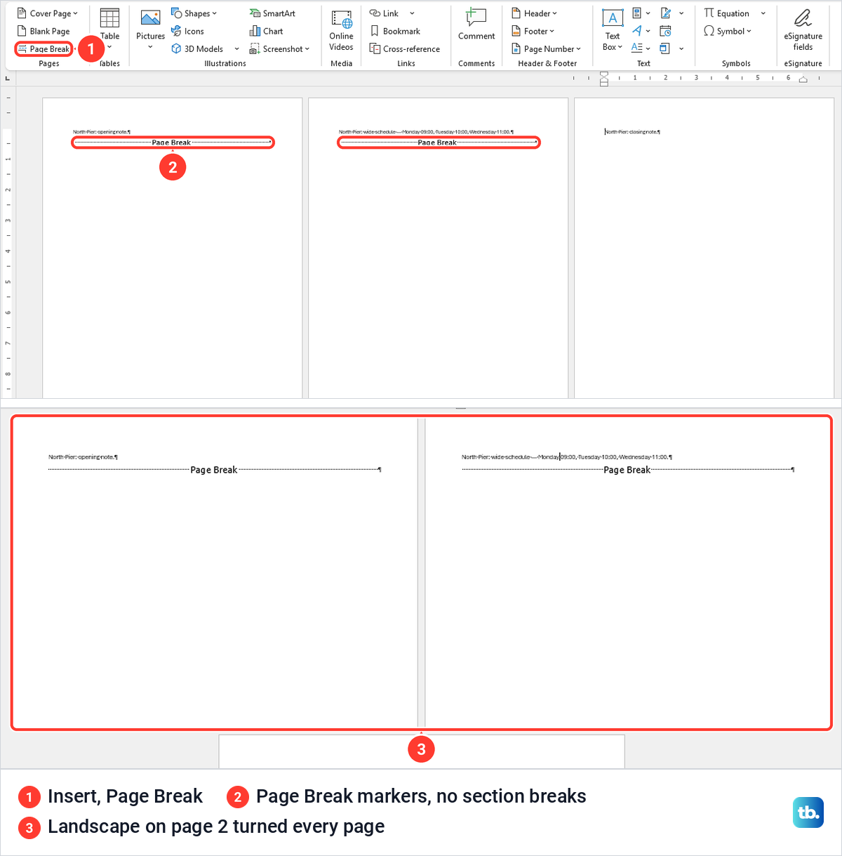 Word document split by page breaks, then every page turned landscape after one Orientation change.