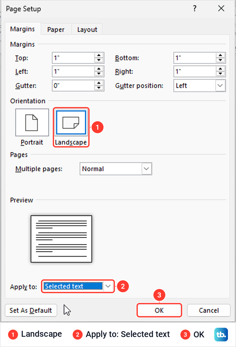 Word Page Setup dialog with Landscape chosen and Apply to set to Selected text.