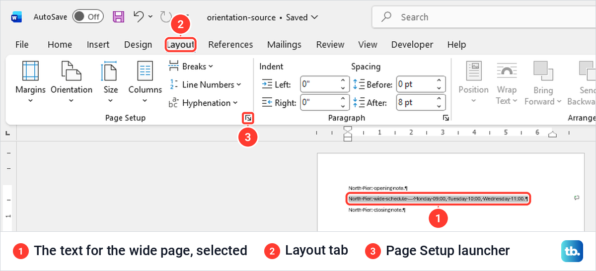 Word Layout tab with the middle paragraph selected and the Page Setup launcher marked.