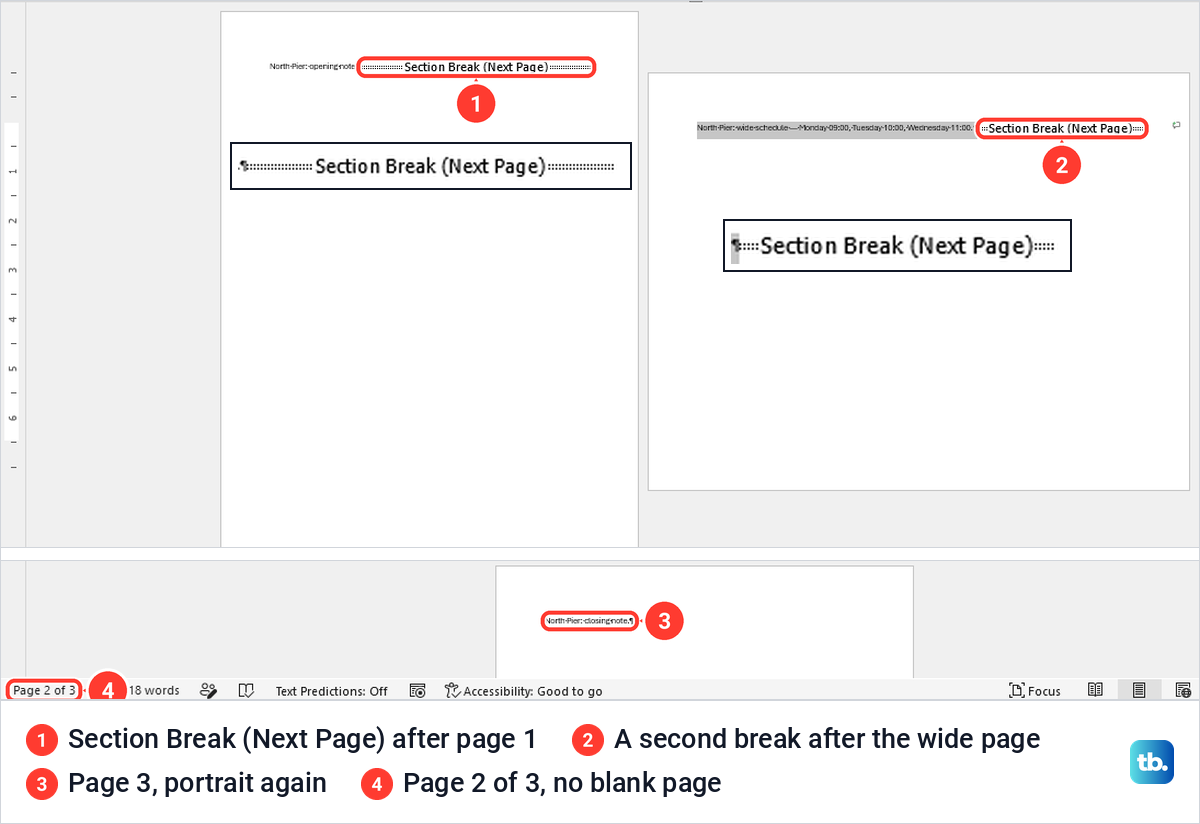 Word document with a portrait page, a landscape page and a portrait page, with section break markers.