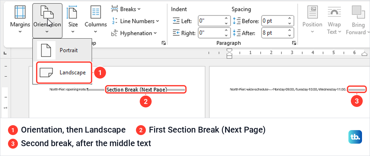 Word Orientation menu open with Landscape marked above two section break markers.