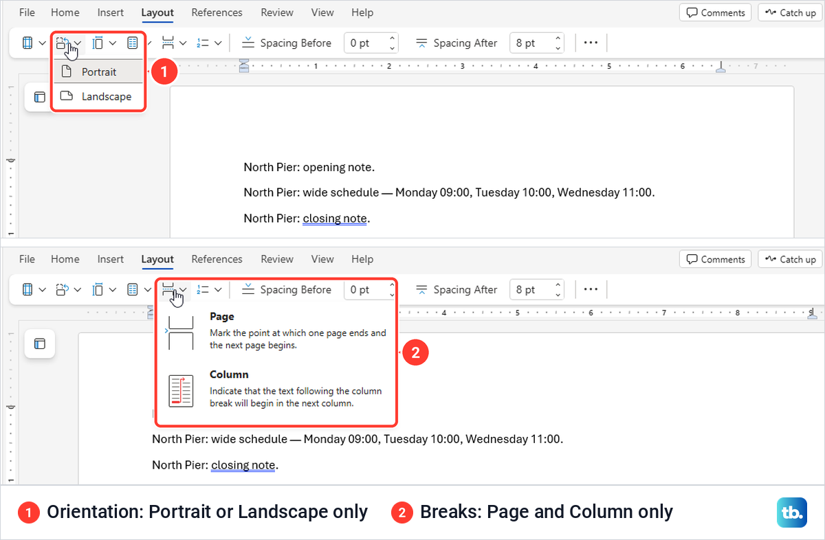 Word for the web Layout tab with the Orientation menu, then the Breaks menu with two choices.