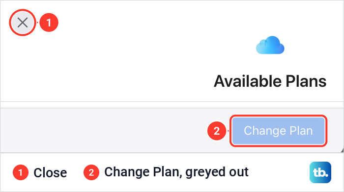 The Available Plans window on tv.apple.com with its close button and a greyed out Change Plan button.