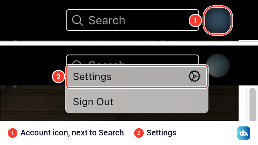 The account icon next to Search at tv.apple.com, and its open menu showing Settings and Sign Out.