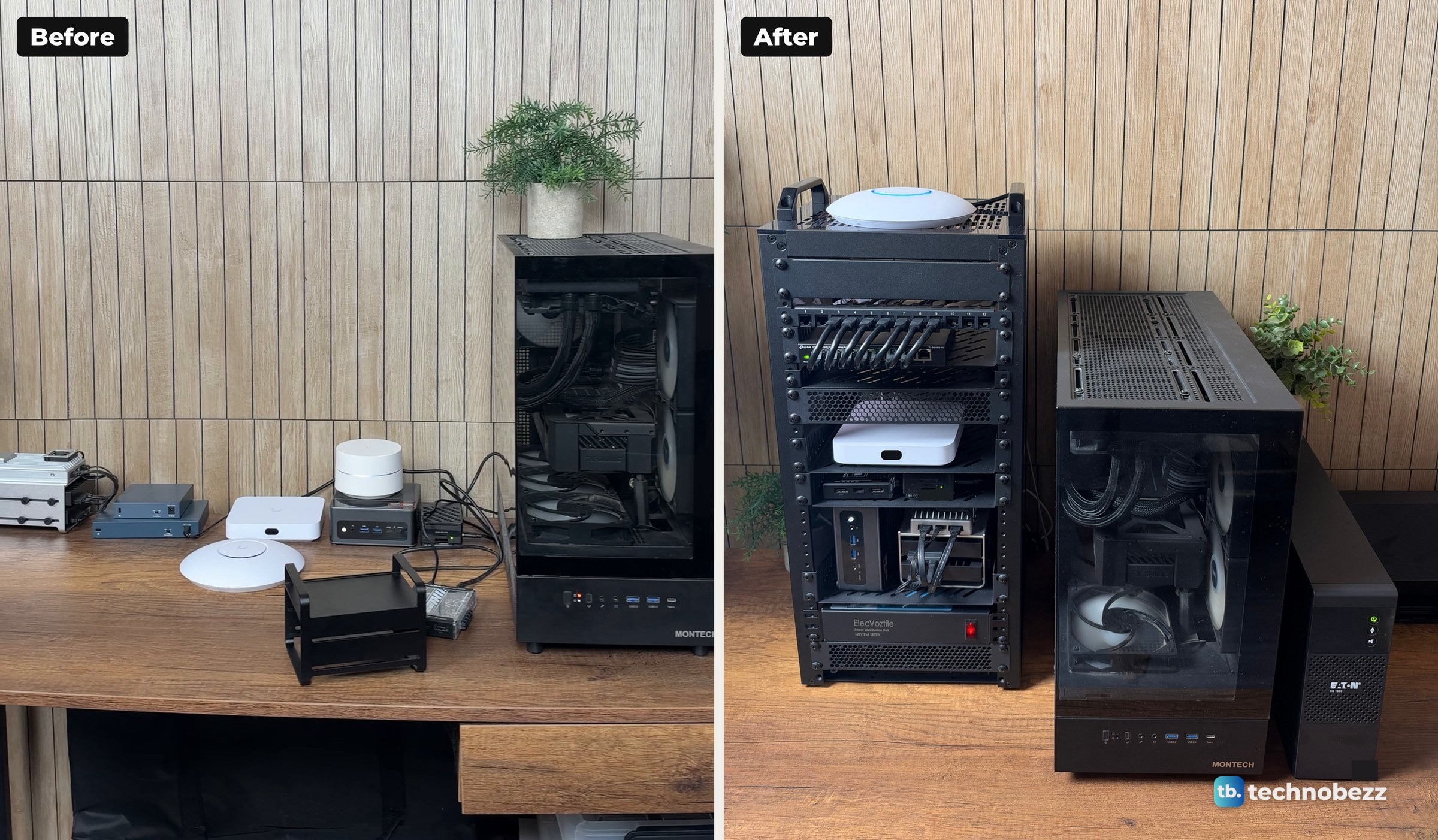 Side-by-side photos of a home lab spread across a desk and the same gear in a 10-inch rack beside a tower PC