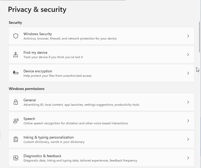 Windows 11 Privacy & security settings with the Security section and Windows permissions