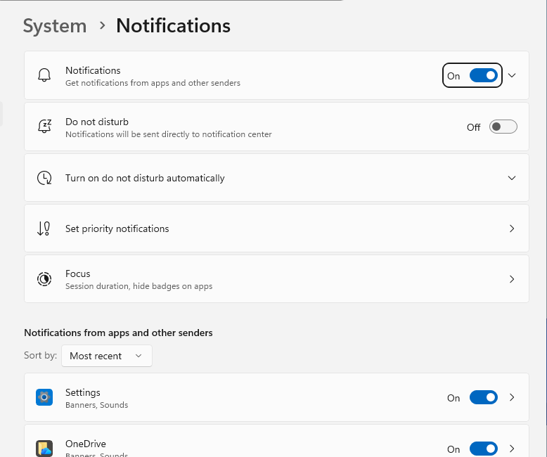 Windows 11 Notifications settings with Do not disturb, Turn on do not disturb automatically and the app list