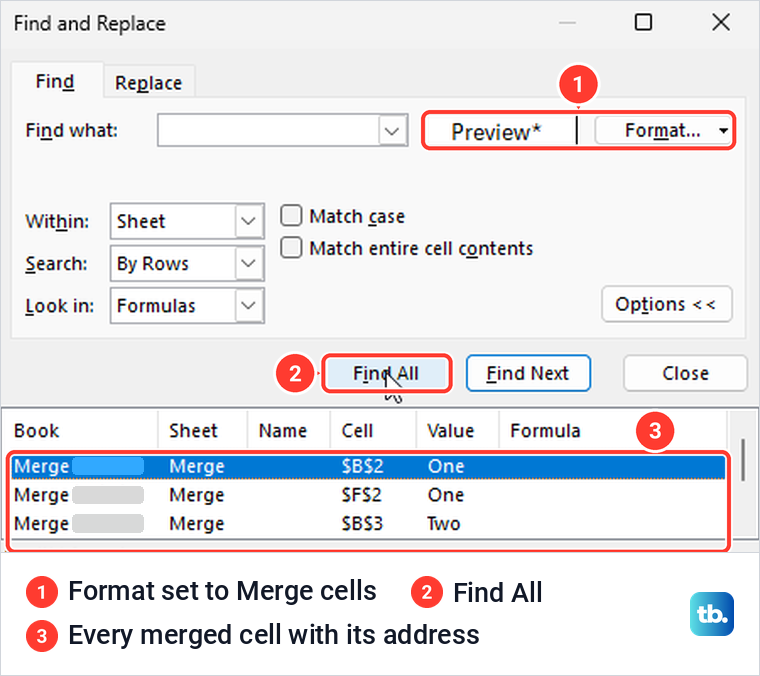 Excel Find and Replace set to the Merge cells format with Find All listing merged cells