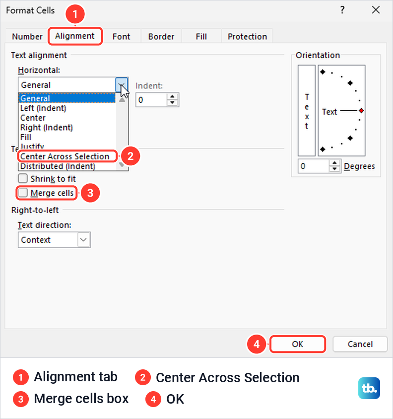 Excel Format Cells dialog on the Alignment tab with Center Across Selection in the Horizontal list