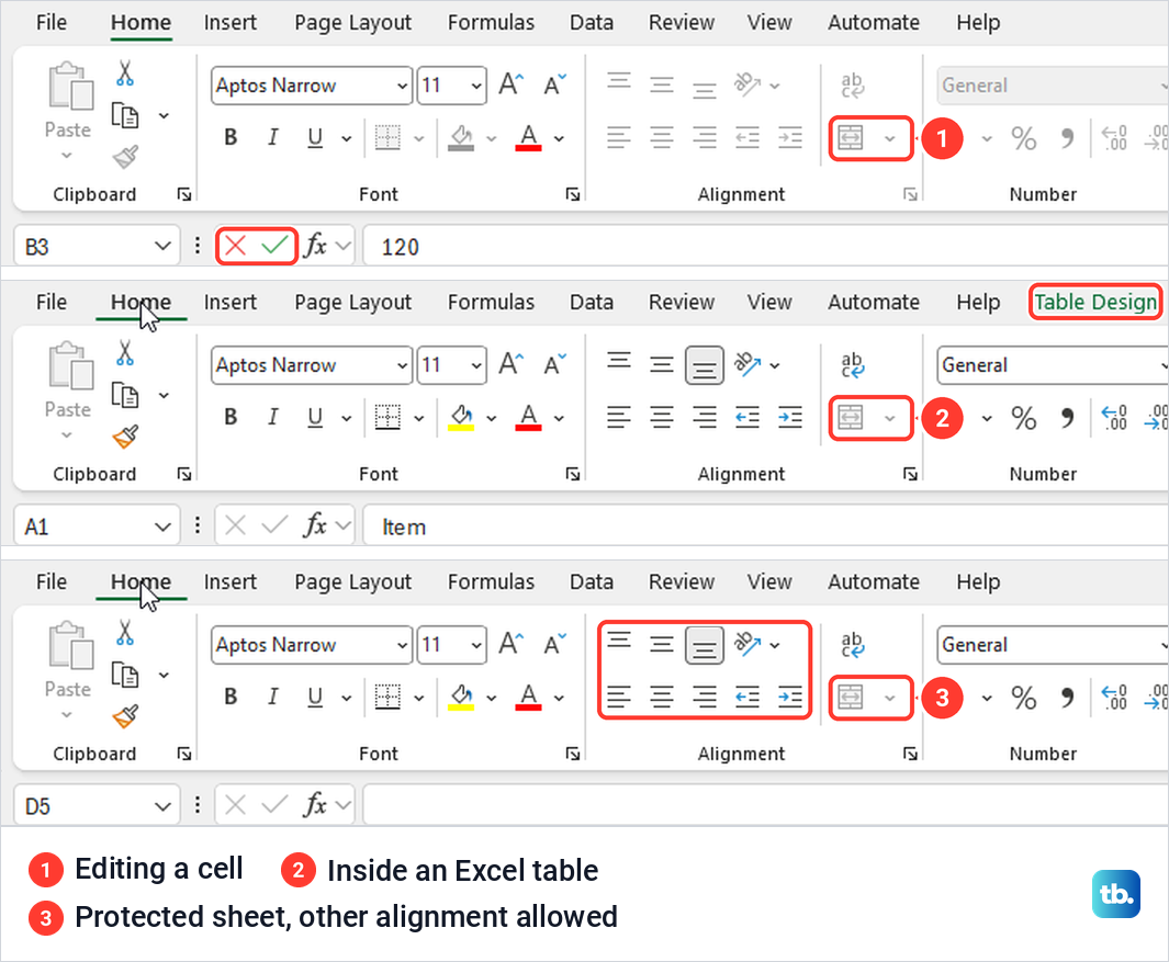 Excel ribbon with the Merge and Center button grayed out in three different situations