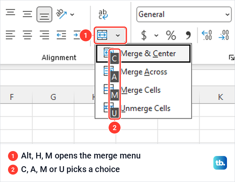 Excel merge menu showing the Key Tip letters C, A, M and U beside each choice