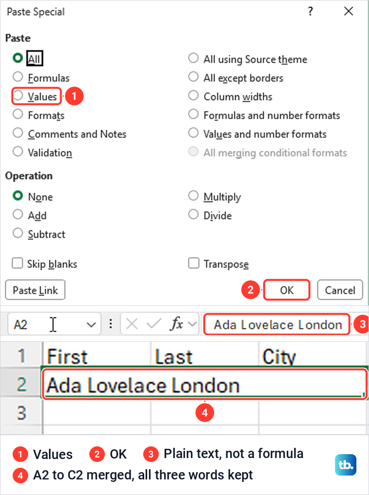 Excel Paste Special dialog with the Values option and OK marked, then a merged cell holding Ada Lovelace London as text