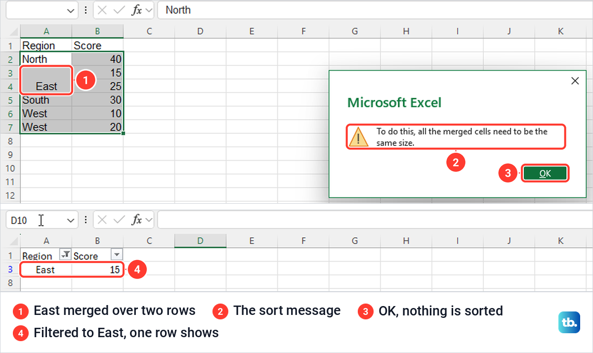 Excel message saying all the merged cells need to be the same size, above a filtered list