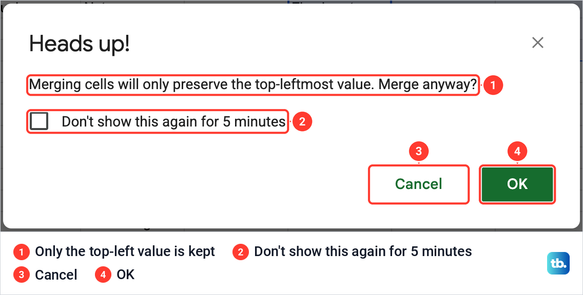 Google Sheets Heads up warning saying merging cells will only preserve the top-leftmost value, with Cancel and OK buttons.