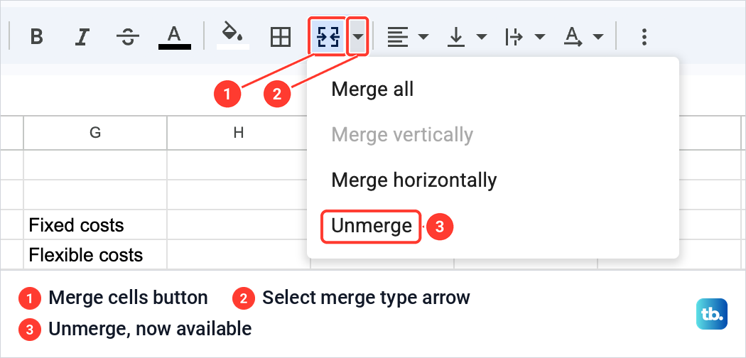 Google Sheets toolbar with the Merge cells button lit and its Select merge type list open, showing Unmerge.