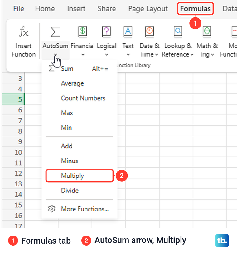 Excel for the web Formulas tab with the AutoSum list open and Multiply highlighted.