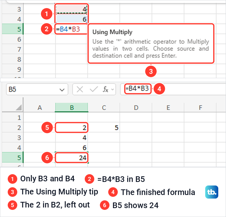 Excel for the web formula =B4*B3 written by the Multiply helper, and the result 24 in B5.