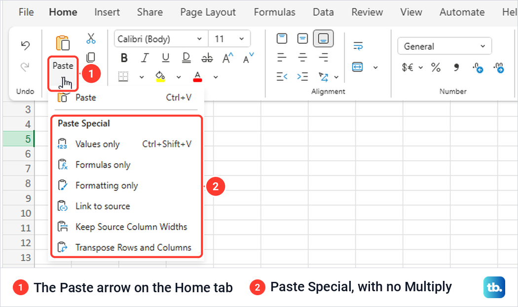 Excel for the web Paste menu listing Paste Special options with no Multiply operation.