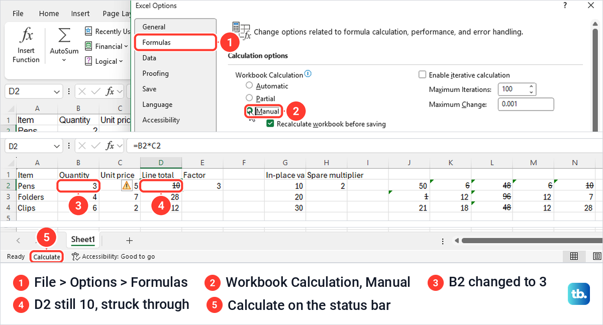 Excel Options set to Manual calculation and a struck-through old result with Calculate on the status bar.