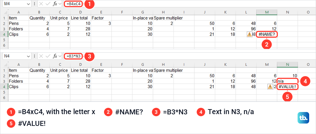 Excel #NAME? error from a formula using the letter x and a #VALUE! error from text in a cell.