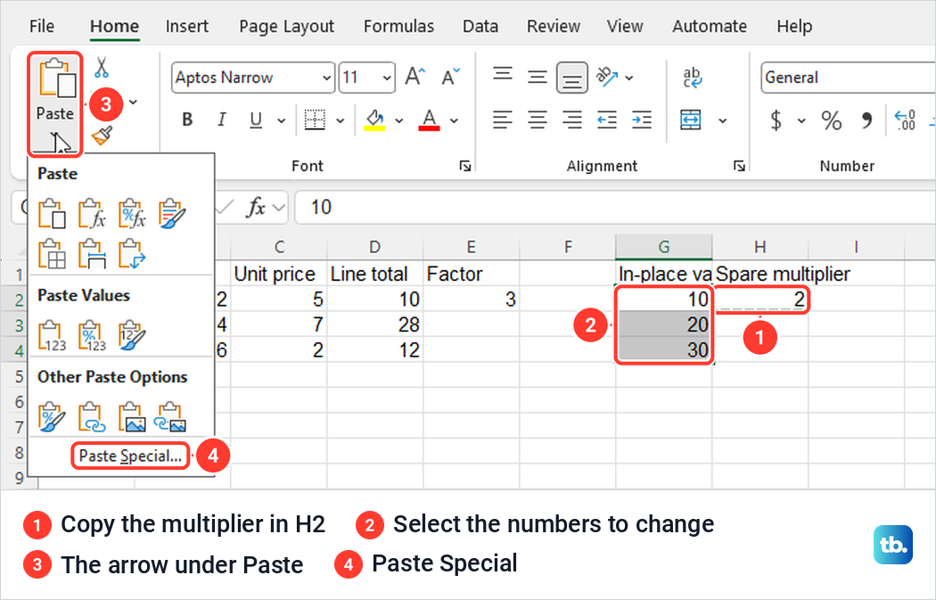 Excel Home tab Paste menu open with Paste Special at the bottom and a multiplier copied.