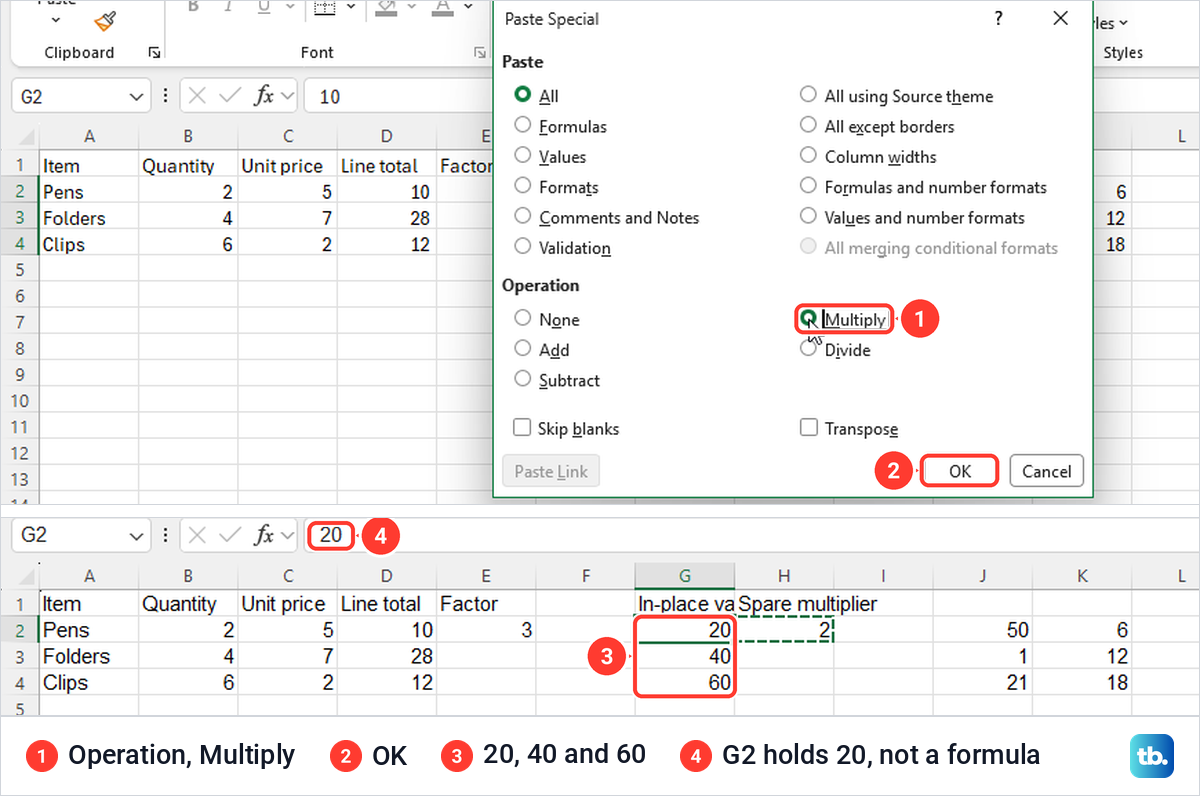 Excel Paste Special dialog with Multiply chosen, and the values doubled to 20, 40 and 60.