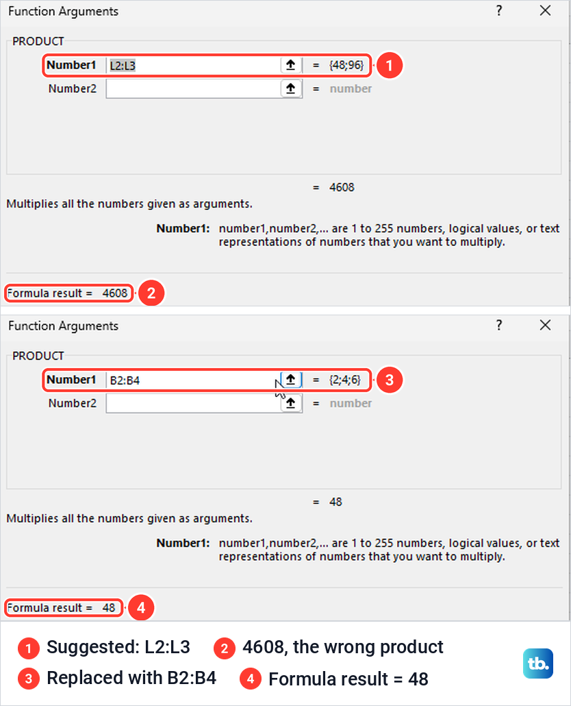 Excel Function Arguments dialog for PRODUCT showing a wrong suggested range and the corrected range.