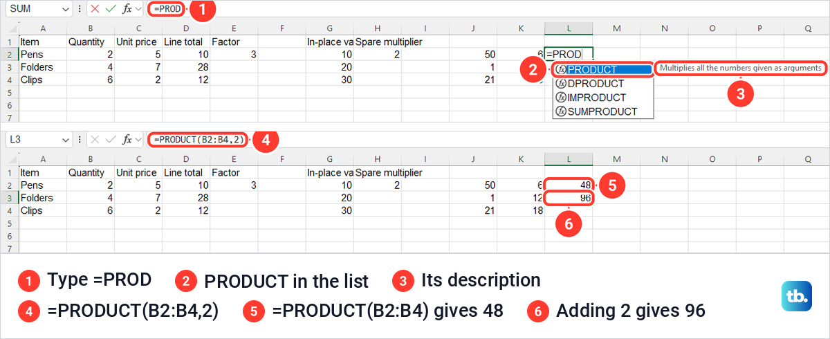 Excel suggestion list for PRODUCT and two PRODUCT formulas returning 48 and 96.