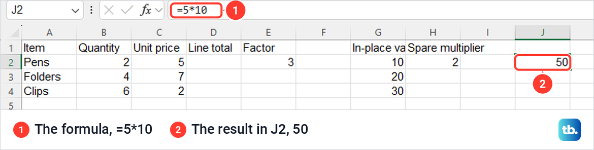 Excel cell J2 showing 50 with the formula =5*10 in the formula bar.