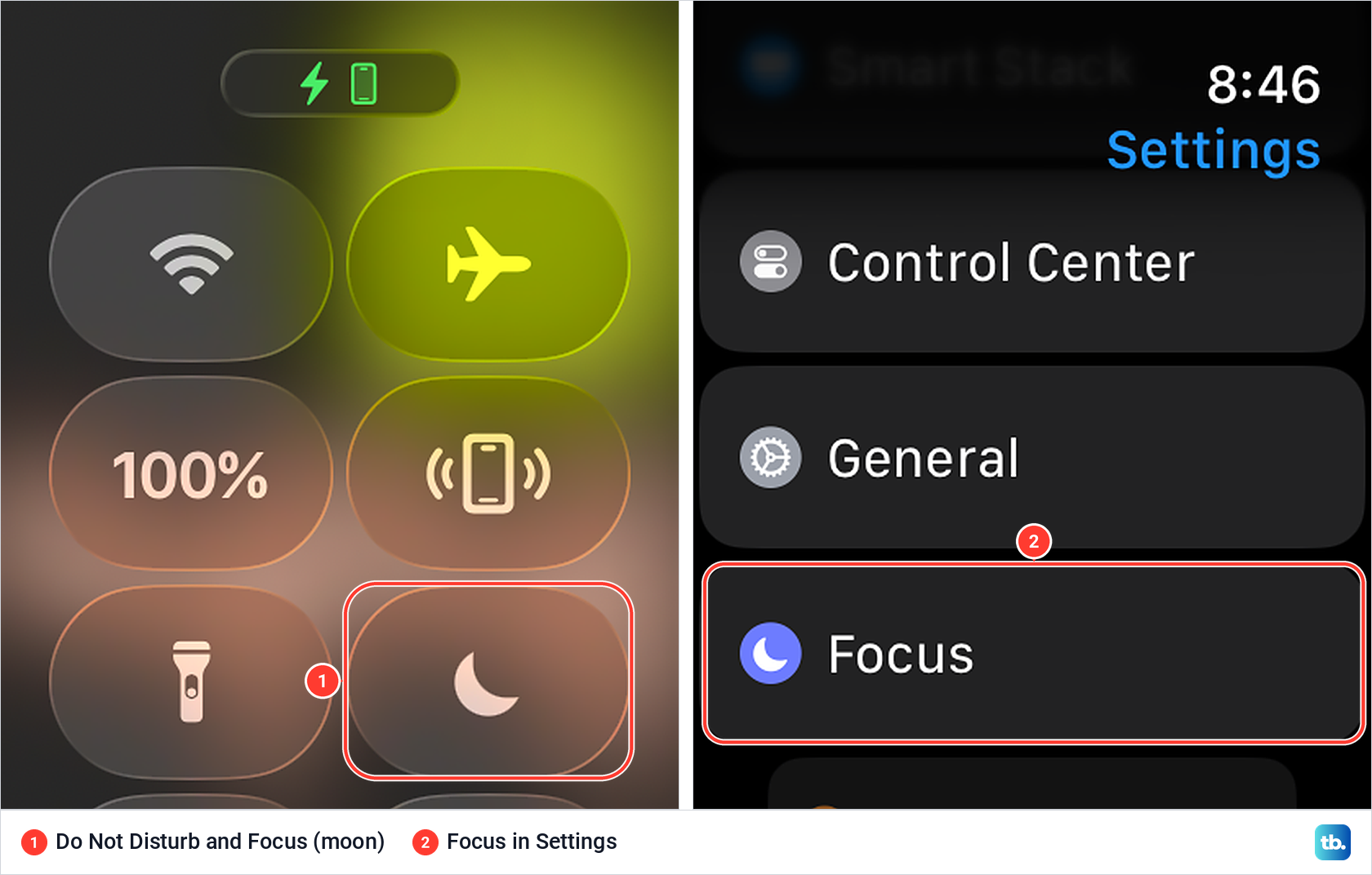 Apple Watch Control Center with the Do Not Disturb moon, and Focus in the Settings list.