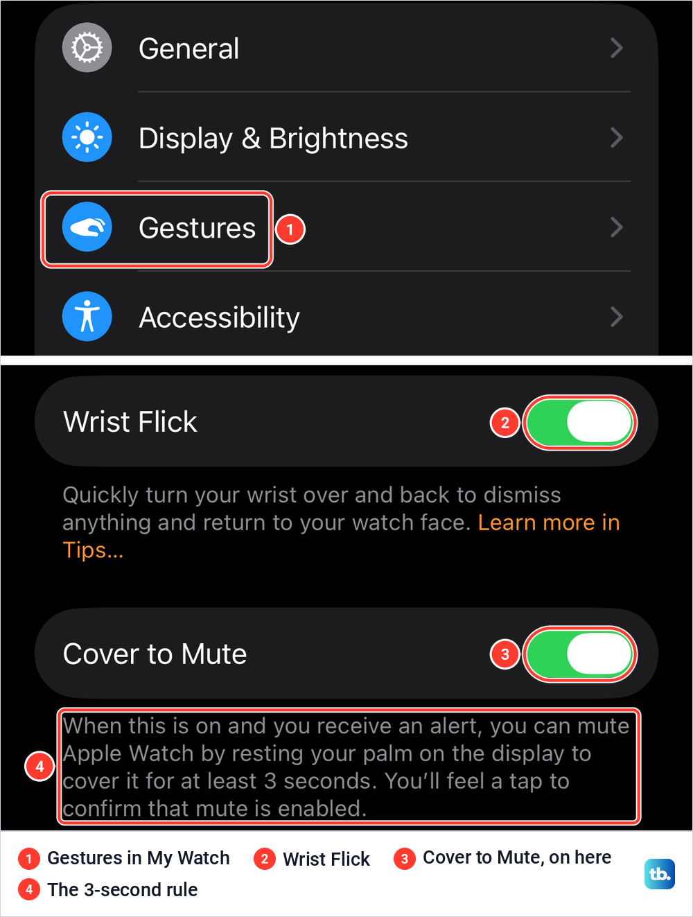 The Apple Watch app on iPhone with Gestures in My Watch, then Wrist Flick and Cover to Mute switched on.