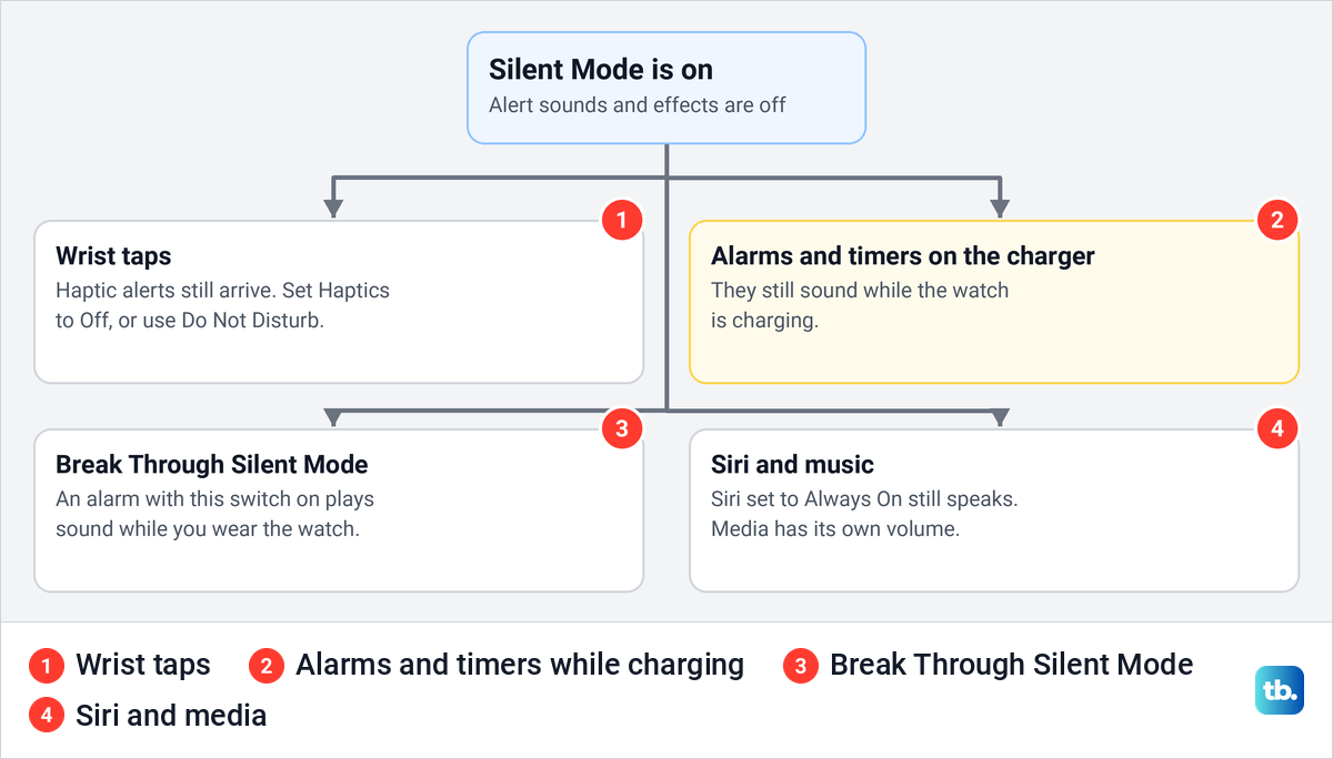 Diagram of the four things that still get through Silent Mode on Apple Watch.
