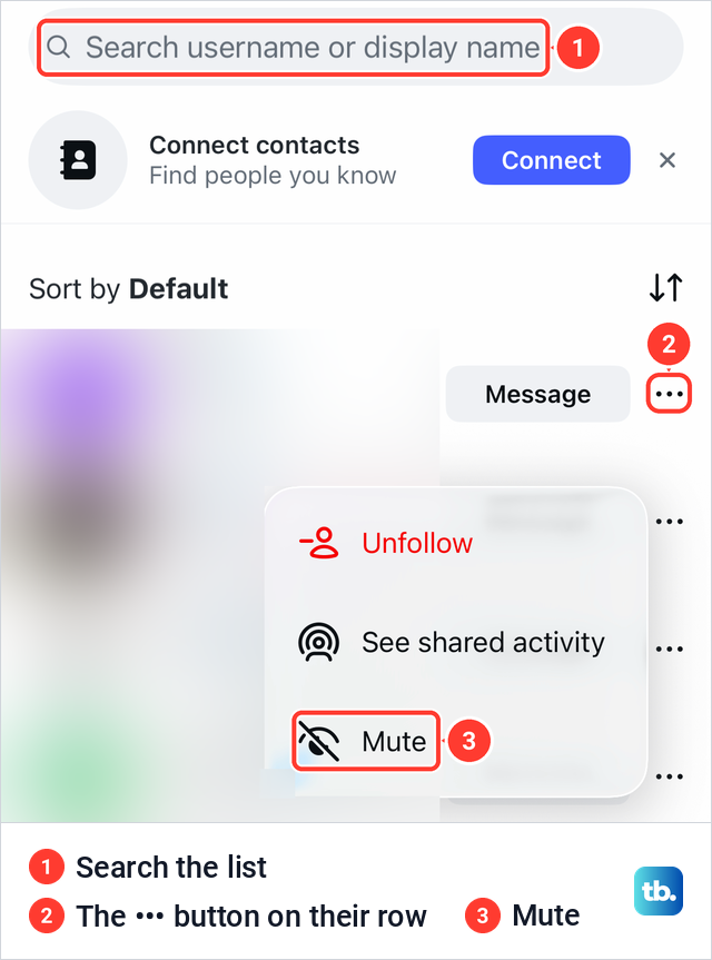 The Instagram Following list with its search field and a row menu showing Unfollow, See shared activity and Mute.