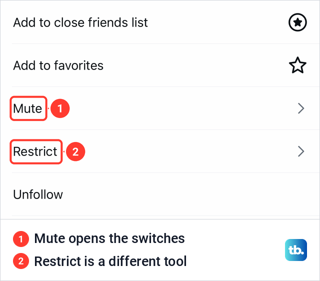 The Instagram sheet that opens from the Following button, with Mute and Restrict highlighted.