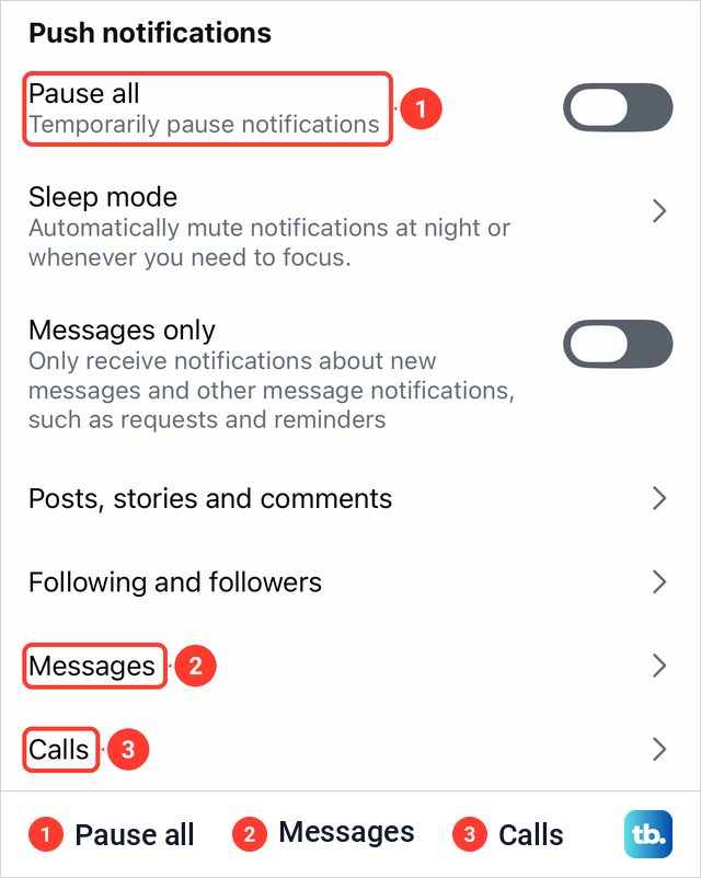 Instagram's Notifications settings with Pause all at the top and separate Messages and Calls rows.