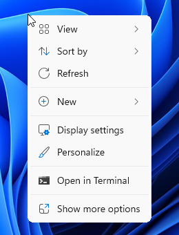 Windows 11 desktop right-click menu with View, Sort by, Refresh, New, Display settings and Personalize