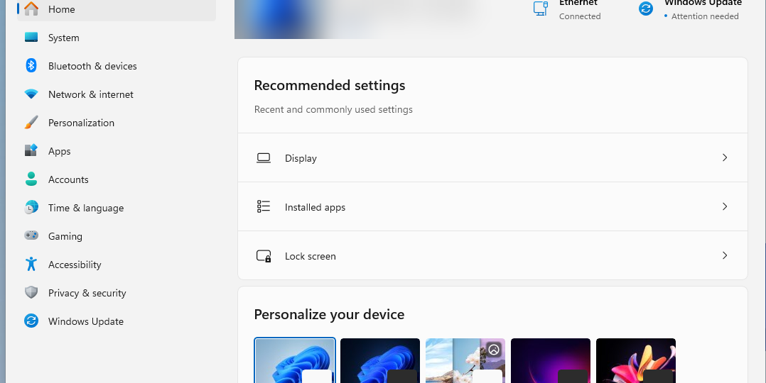 Windows 11 Settings Home with the sidebar listing System, Bluetooth & devices, Network & internet, Apps, Accounts and Windows Update