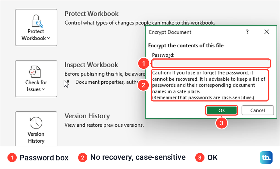 Excel Encrypt Document dialog with an empty Password box and a caution about lost passwords.