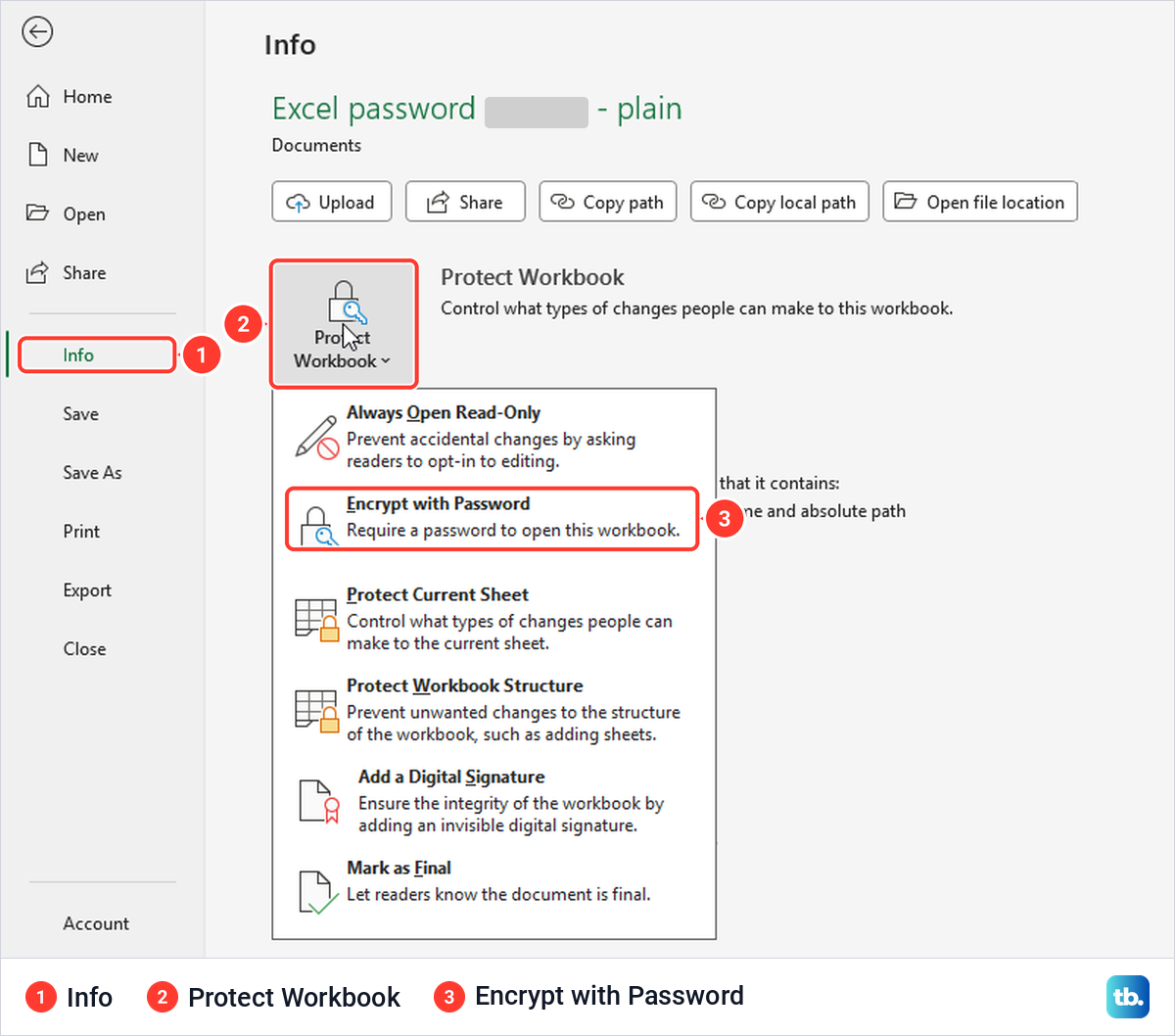 Excel File Info page with the Protect Workbook menu open and Encrypt with Password highlighted.