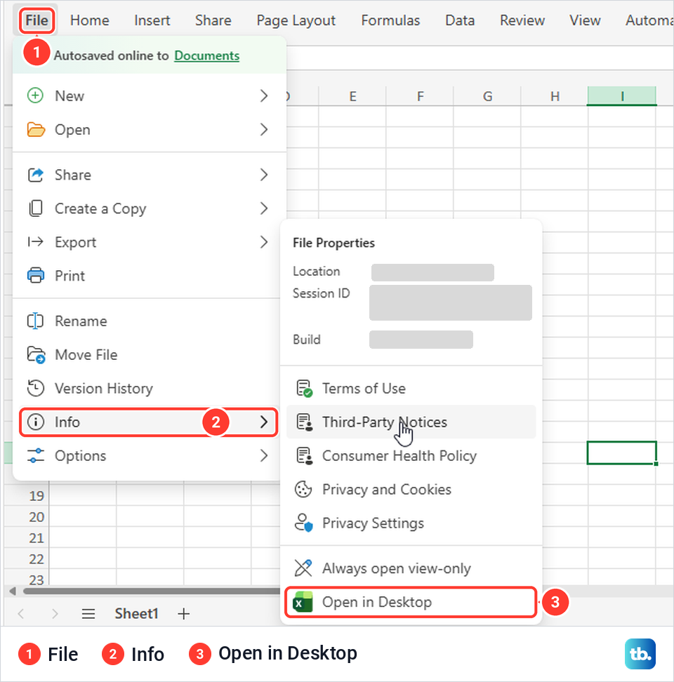 Excel for the web File menu with the Info submenu open and Open in Desktop at the bottom.