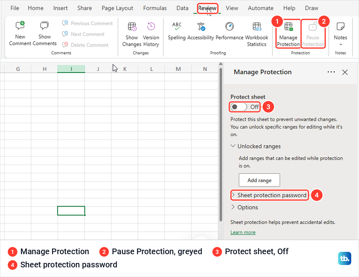 Excel for the web Review tab with Manage Protection and its sheet protection pane open.
