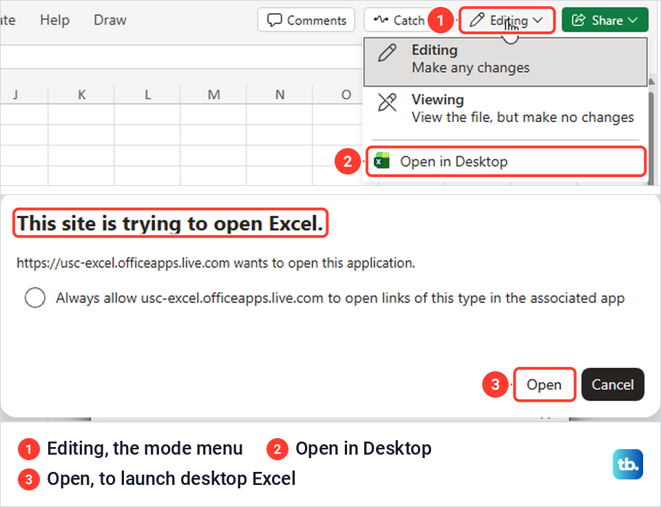 Excel for the web Editing menu with Open in Desktop, then Edge asking to open Excel.
