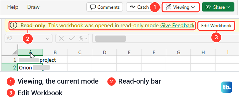 Excel for the web Viewing mode button above a yellow Read-only bar with an Edit Workbook button.