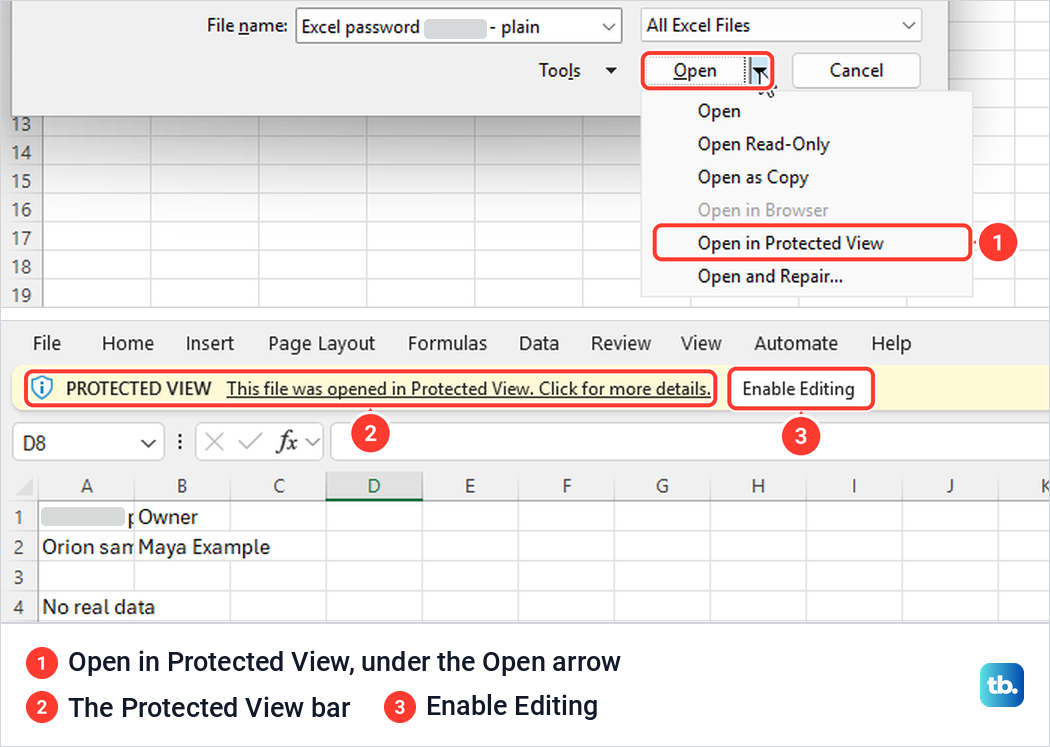 Excel Open button menu with Open in Protected View, then the yellow Protected View bar.