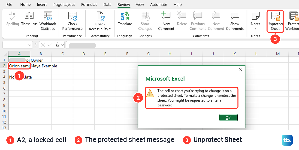Excel message saying the cell is on a protected sheet, with Unprotect Sheet on the Review tab.