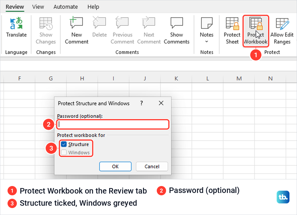 Excel Review tab Protect Workbook button and the Protect Structure and Windows dialog it opens.