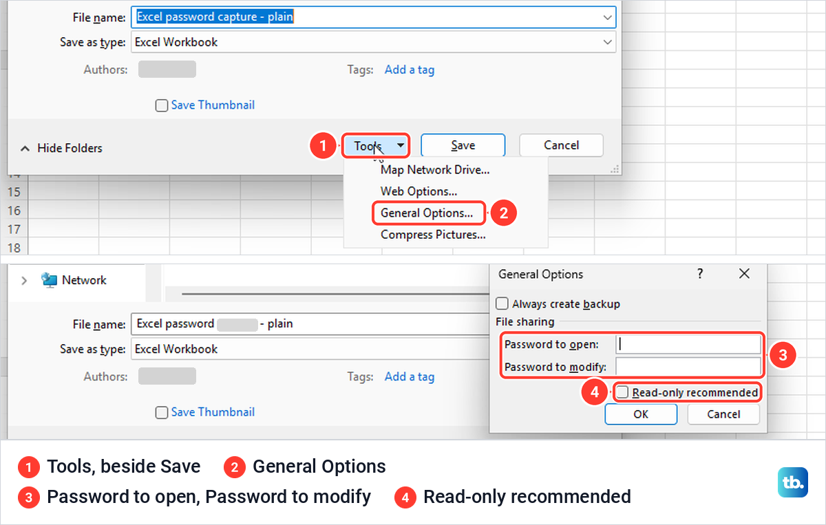 Excel Save As dialog with the Tools menu open, then the General Options dialog with two password boxes.